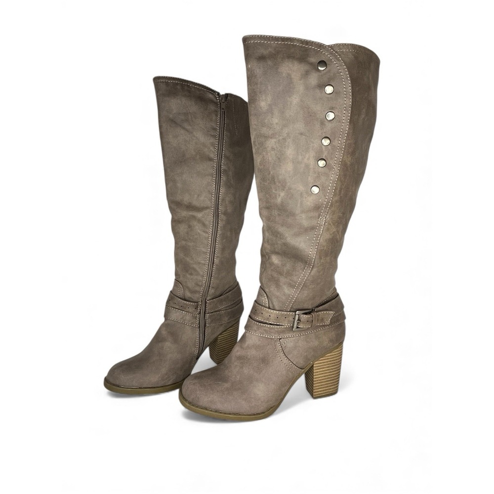 Rampage Praise Taupe Knee High Block Heel Boots Women's Size 9M Side Zip Buckle